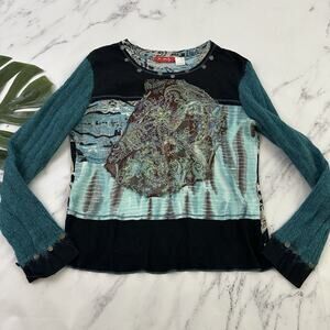 Derhy Womens Vintage Y2k Embellished Top Size 10 Blue Black Sequins Knit